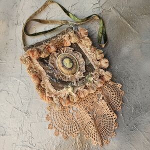 Boho Bag Olive Rose Cameo Pearl Tassel Silk Velvet Vintage Cotton Crossbody